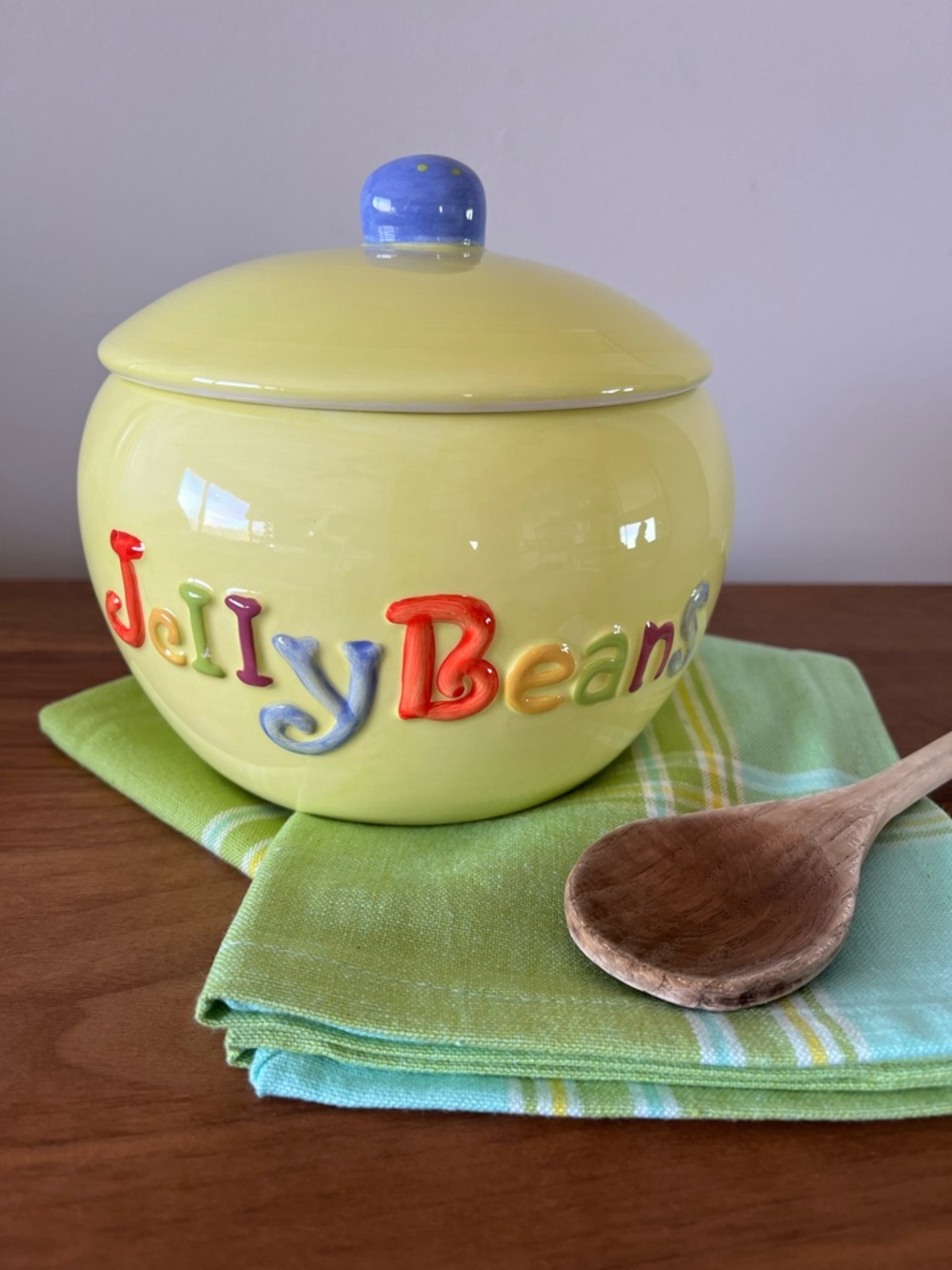 Vintage Lillian Vernon Jelly Bean Canister 🍬 Colorful Ceramic Candy Jar Easter